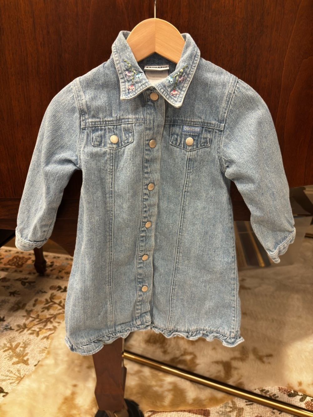 Vintage/Y2K OshKosh Denim Dress with Floral Embroidered Collar & Ruffles
